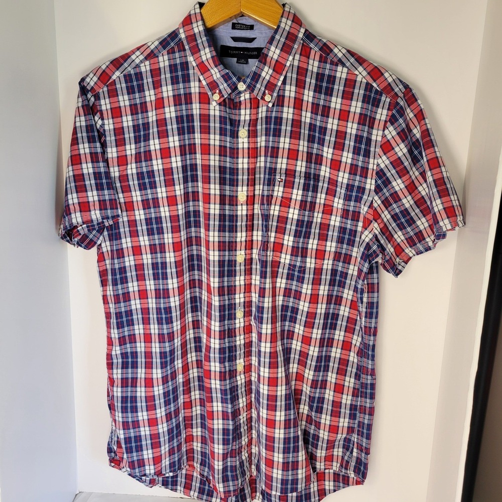 Tommy Hilfiger Mens Red White Blue Plaid Short Sleeve Button Down Shirt Large